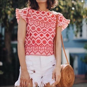 Zara Red Eyelet Embroidered Top